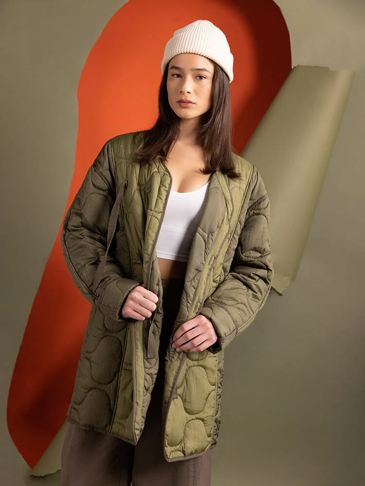 WOMEN'S MIXED MEDIA QUILTED LONG LINER (OG-107 GREEN) - Image 2